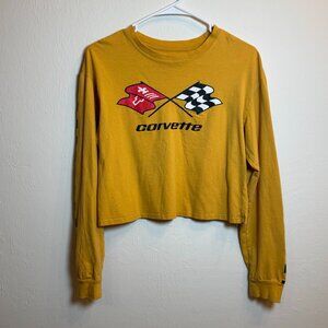 Womens Medium Corvette GM Licensed Cropped Long Sleeve Shirt Yellow Racing Flags